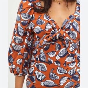Eva Franco Anthropologie Tropical Birds Sweetheart Blouse Size 10 Knot Tie Front